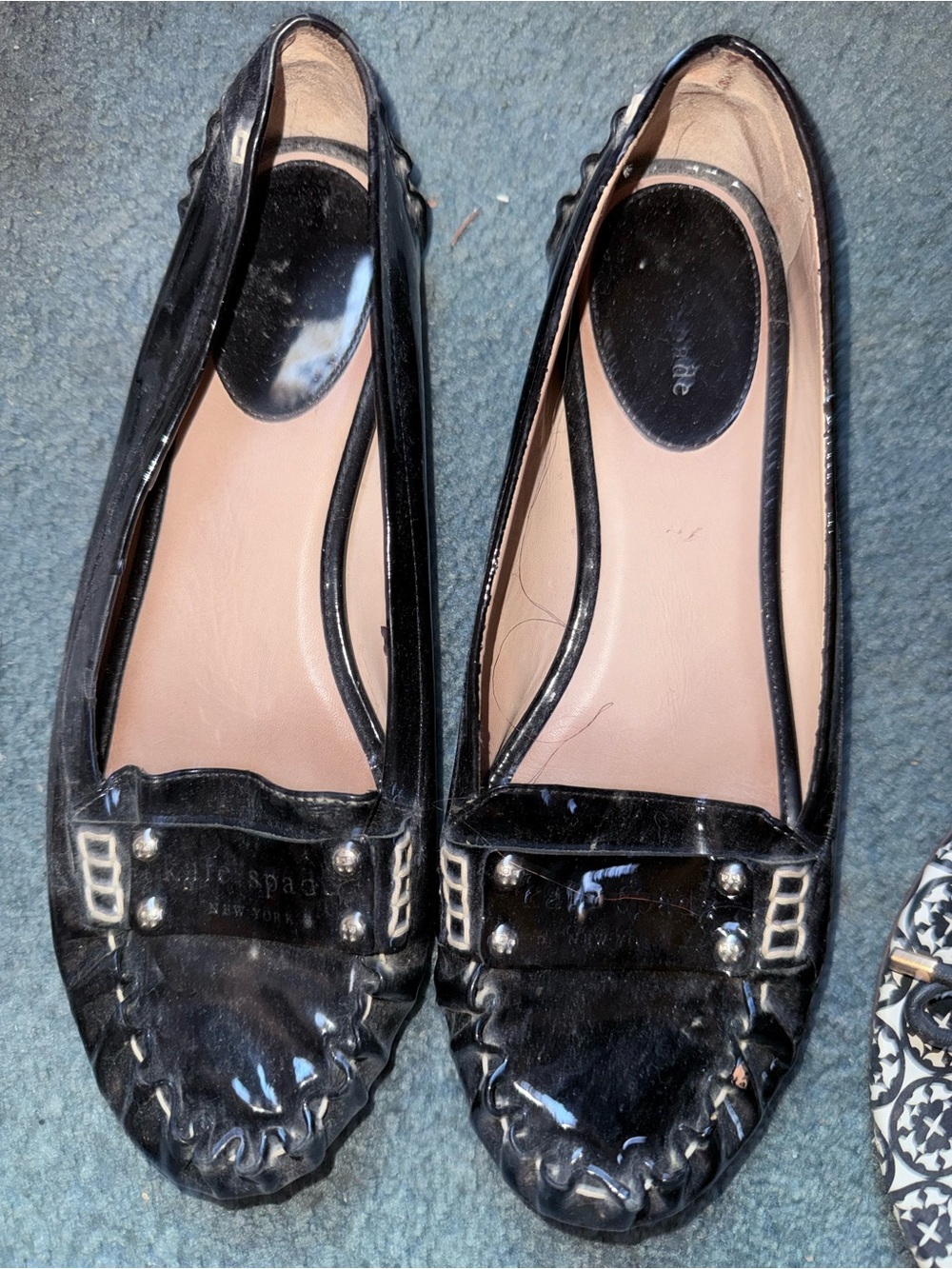 kate spade Black Patent Leather Moccasin Flats with Stud Detail